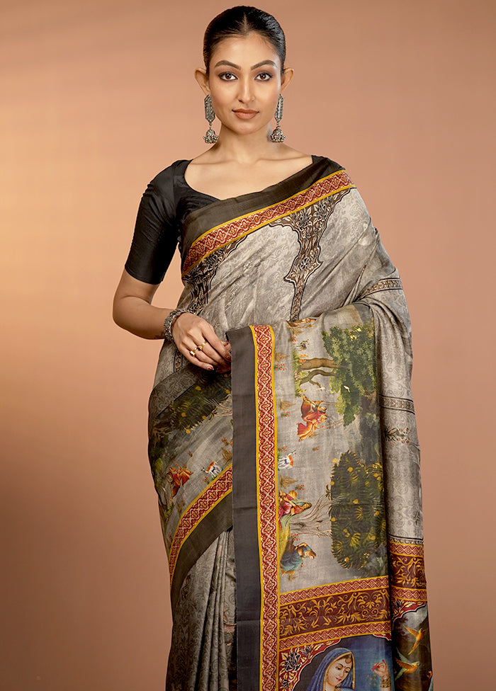 Grey Bishnupuri Pure Silk Saree Without Blouse Piece