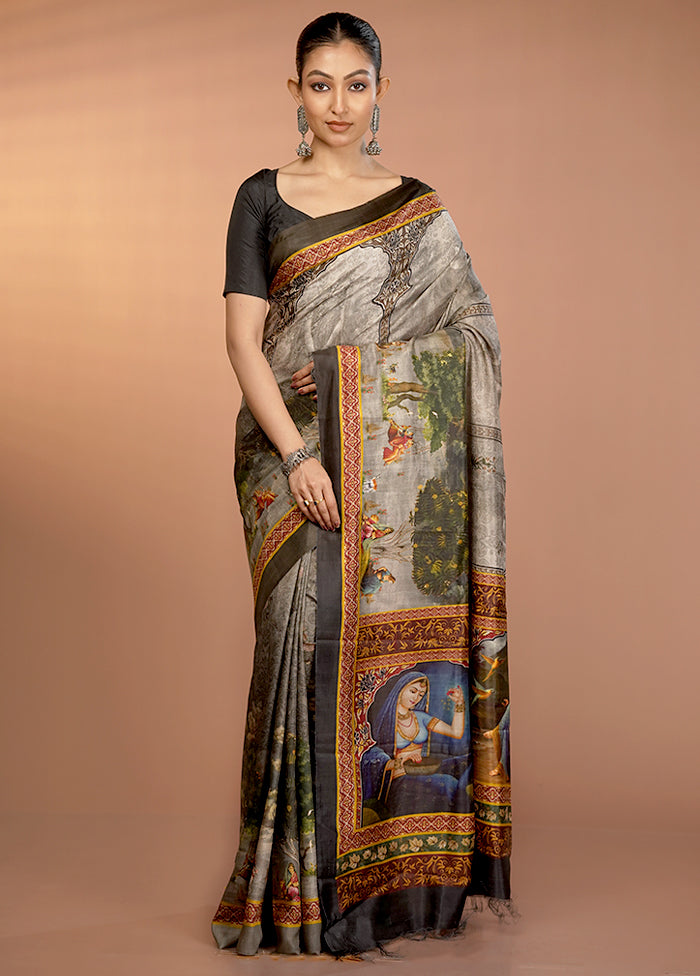 Grey Bishnupuri Pure Silk Saree Without Blouse Piece