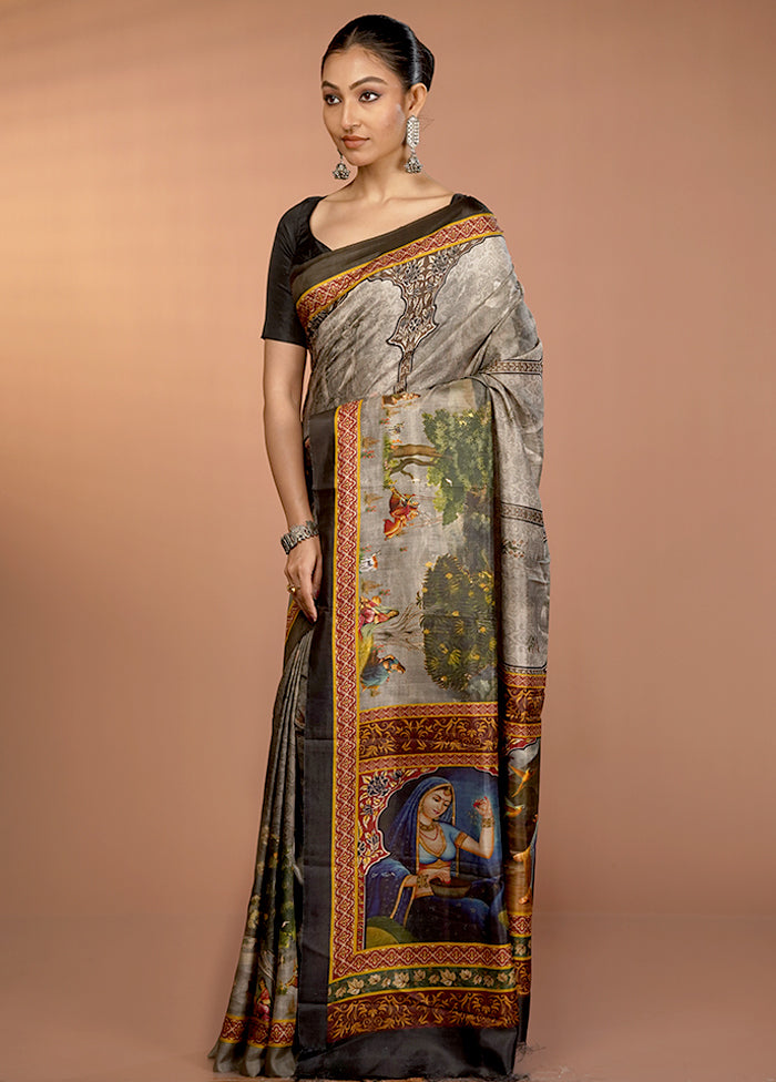 Grey Bishnupuri Pure Silk Saree Without Blouse Piece