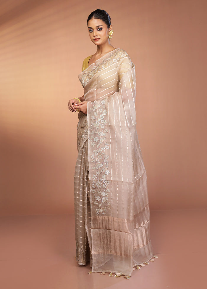 Cream Handloom Pure Organza Saree With Blouse Piece