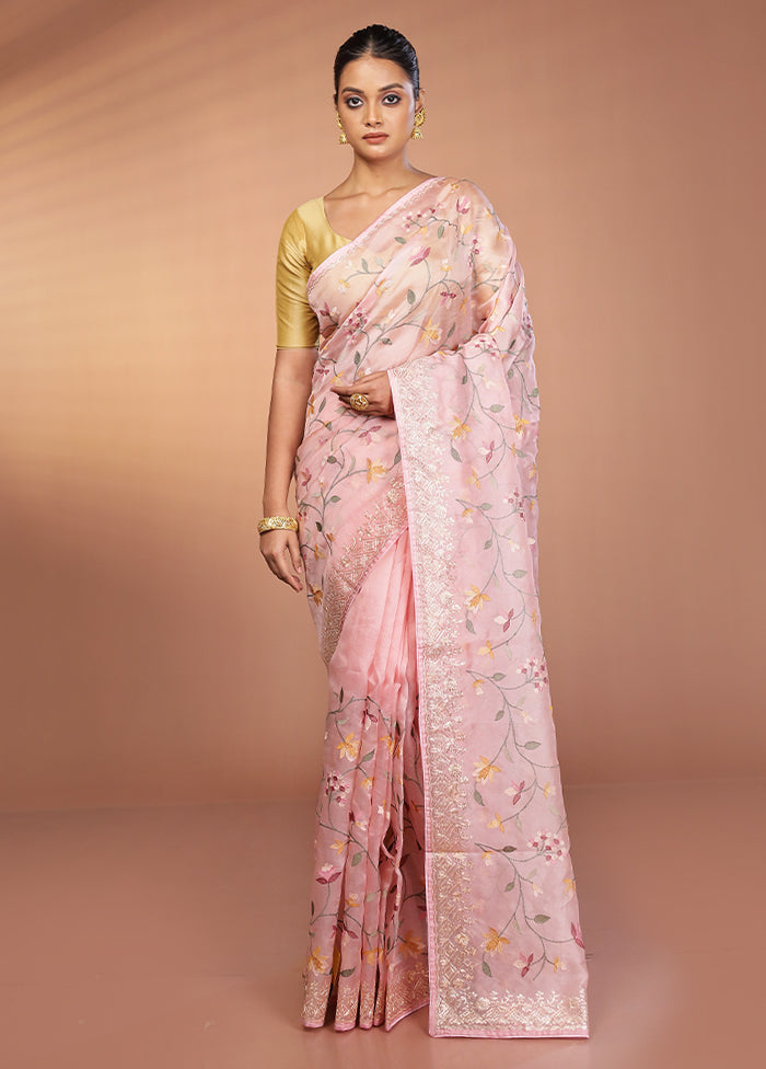 Pink Handloom Pure Organza Saree With Blouse Piece
