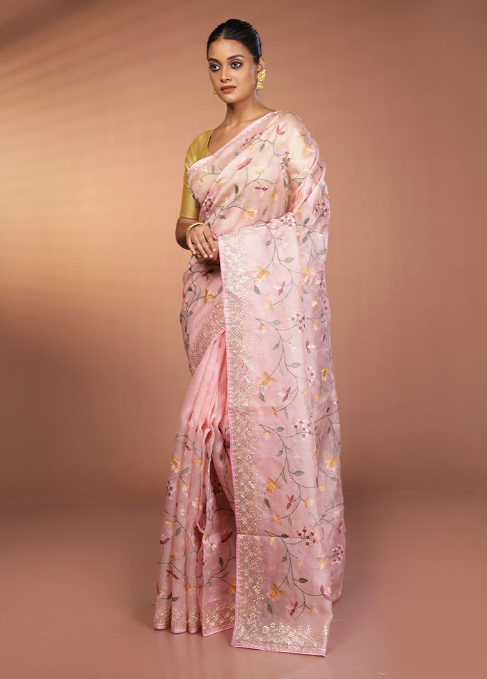 Pink Handloom Pure Organza Saree With Blouse Piece