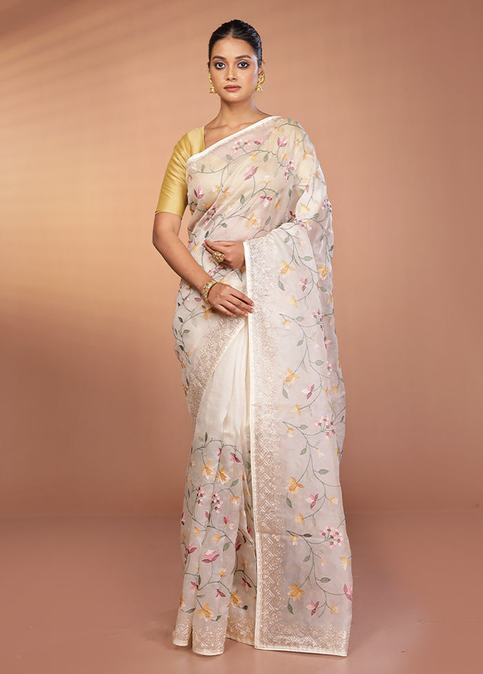 White Handloom Pure Organza Saree With Blouse Piece