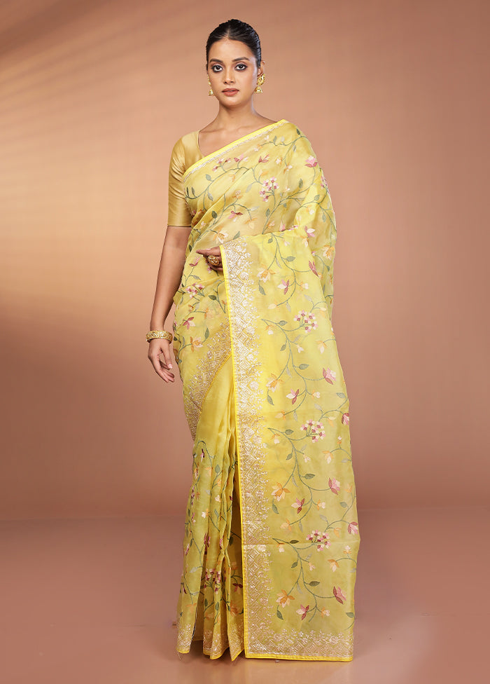 Yellow Handloom Pure Organza Saree With Blouse Piece