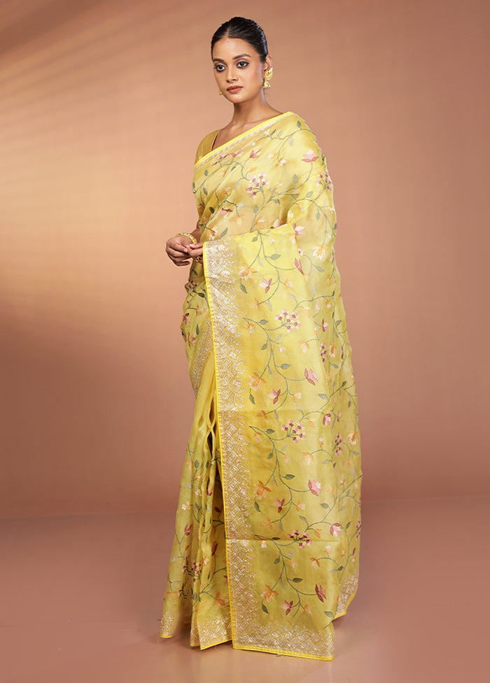 Yellow Handloom Pure Organza Saree With Blouse Piece