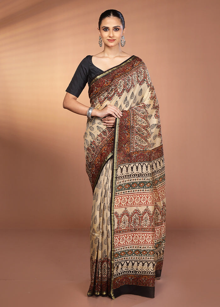 Cream Chanderi Silk Saree With Blouse Piece