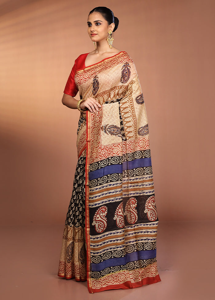 Cream Chanderi Silk Saree With Blouse Piece