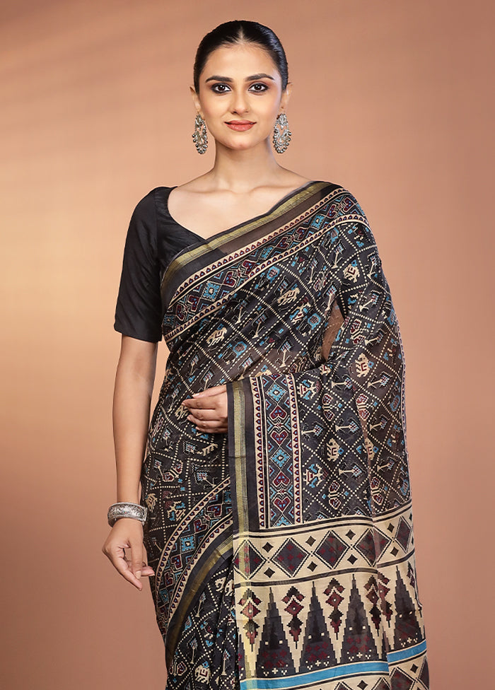 Black Chanderi Silk Saree With Blouse Piece