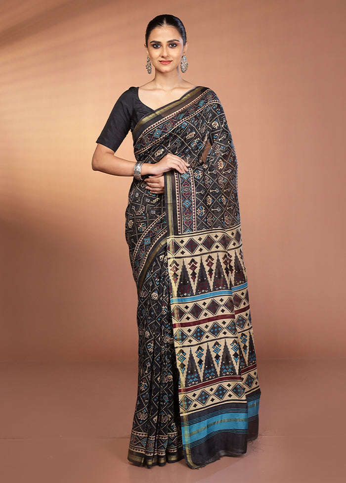 Black Chanderi Silk Saree With Blouse Piece