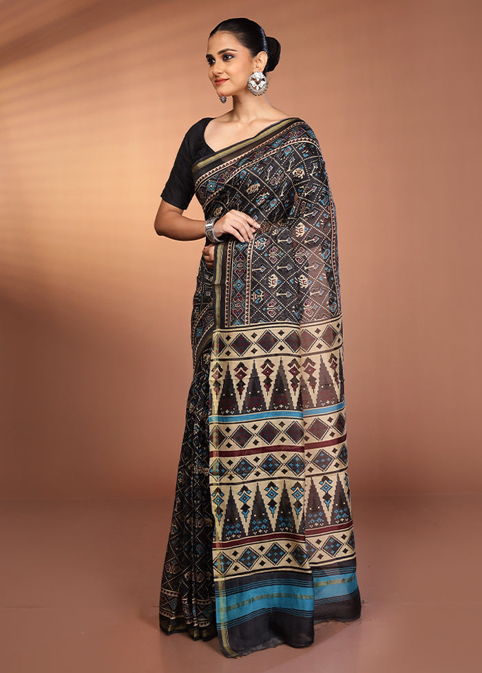 Black Chanderi Silk Saree With Blouse Piece