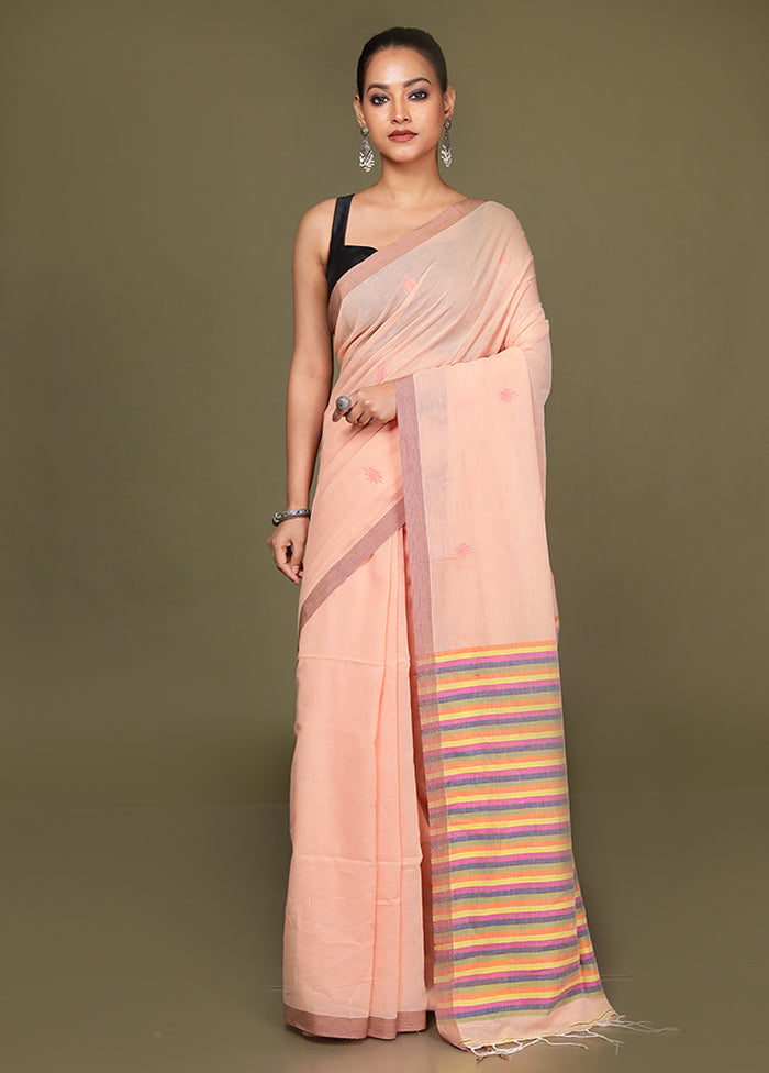 Peach Pure Cotton Saree With Blouse Piece