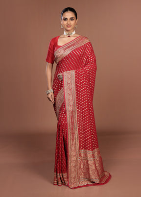 Red Handloom Pure Georgette Saree With Blouse Piece