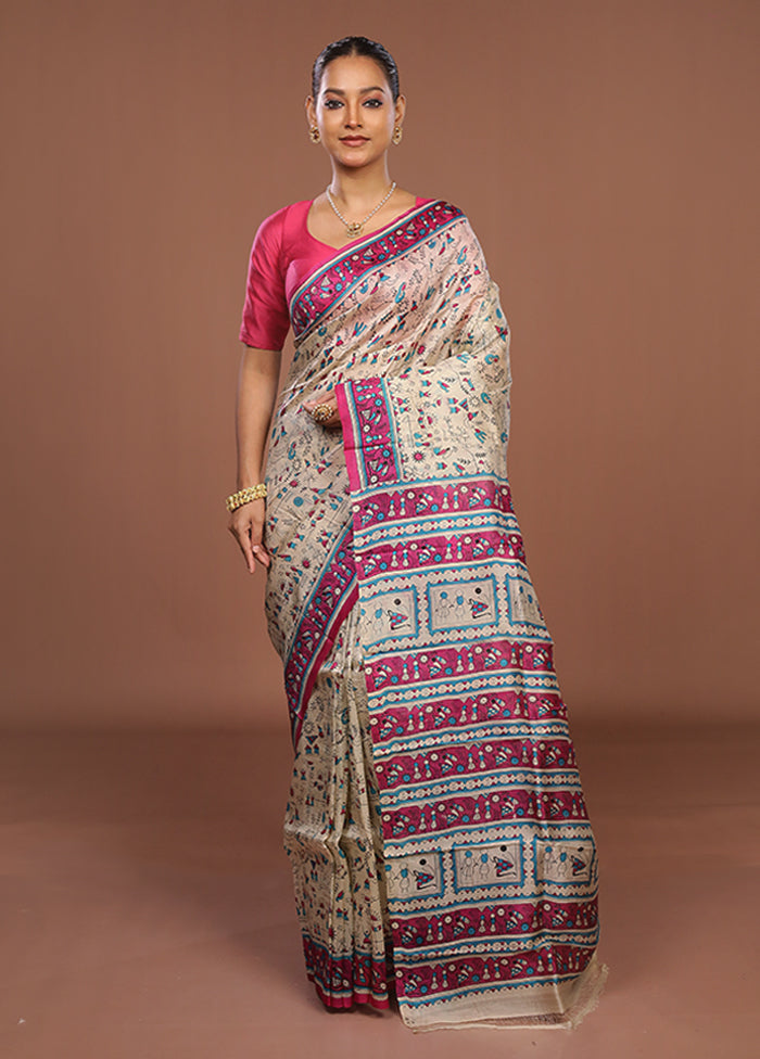 Cream Printed Pure Silk Saree Without Blouse Piece