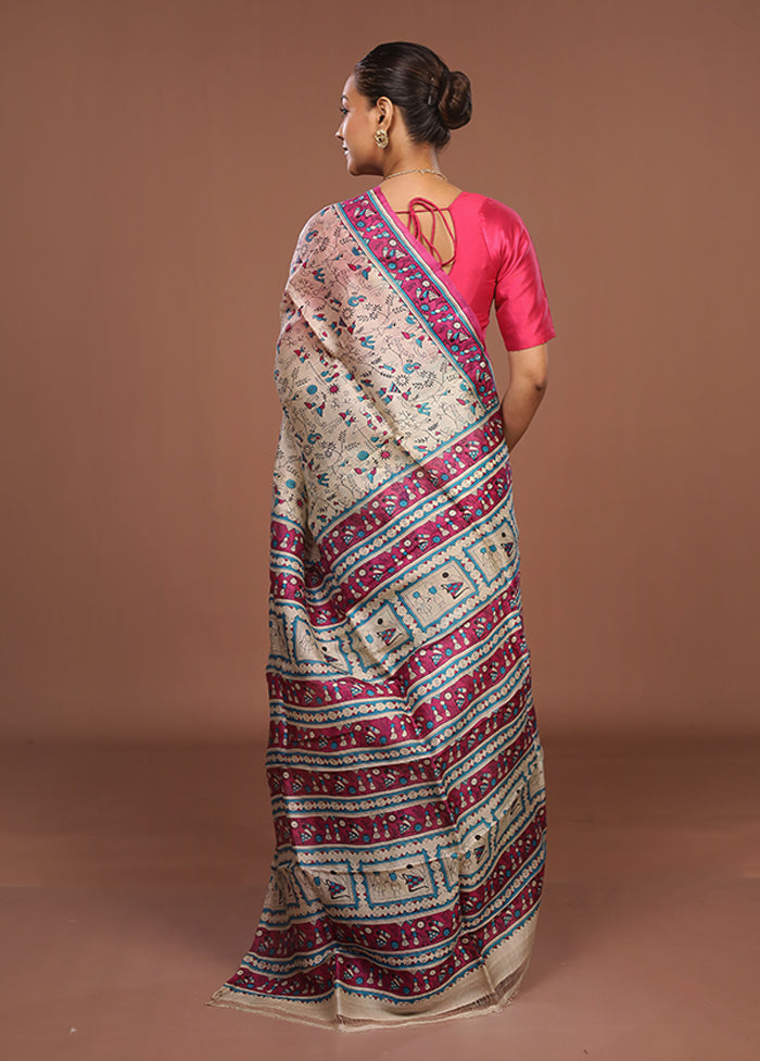 Cream Printed Pure Silk Saree Without Blouse Piece