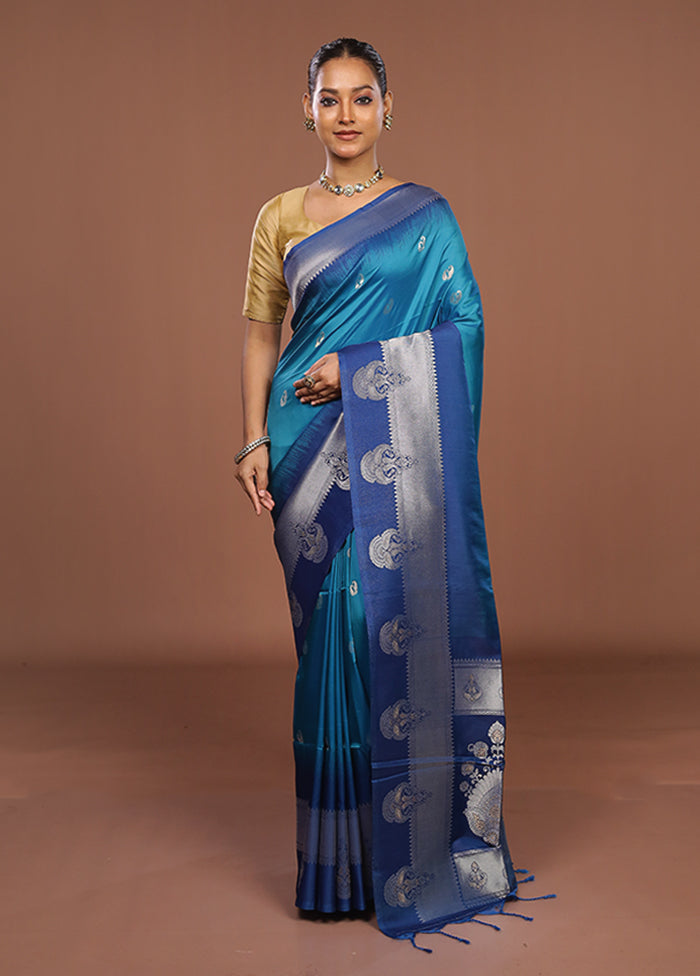 Blue Dupion Silk Saree With Blouse Piece