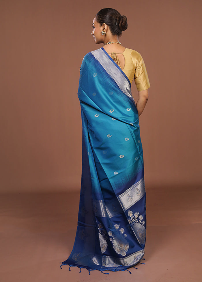 Blue Dupion Silk Saree With Blouse Piece