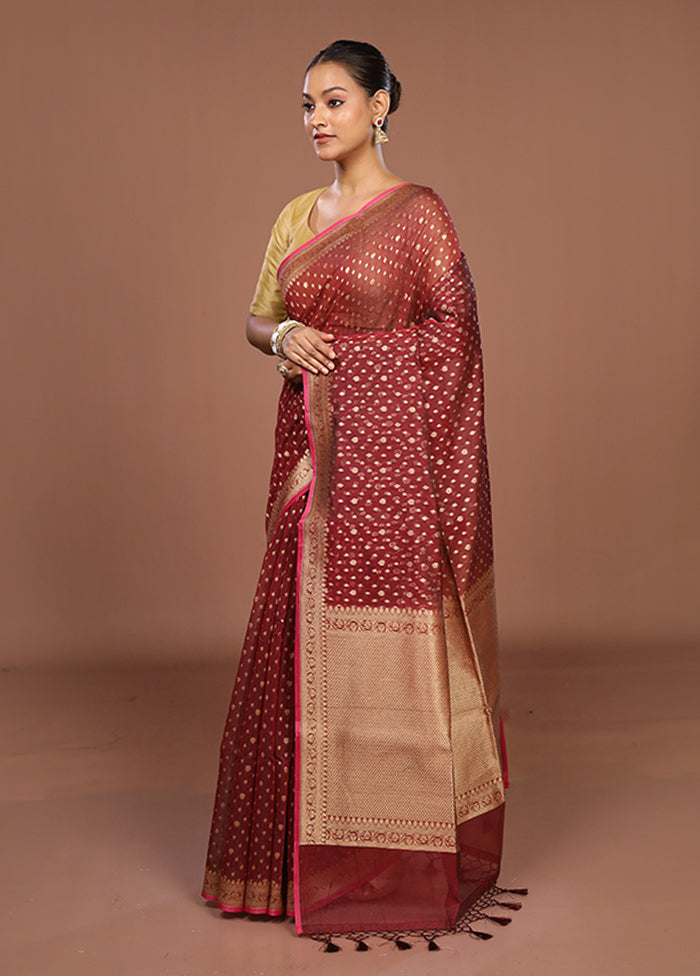 Maroon Kora Silk Saree With Blouse Piece