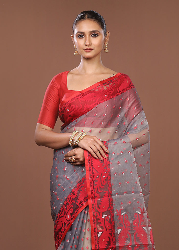 Grey Pure Cotton Jamdani Saree Without Blouse Piece