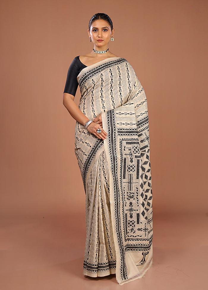 Cream Handloom Kantha Stitch Pure Silk Saree With Blouse Piece