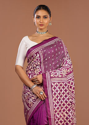 Purple Handloom Kantha Stitch Pure Silk Saree With Blouse Piece