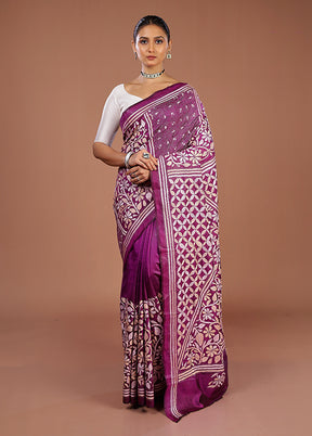 Purple Handloom Kantha Stitch Pure Silk Saree With Blouse Piece