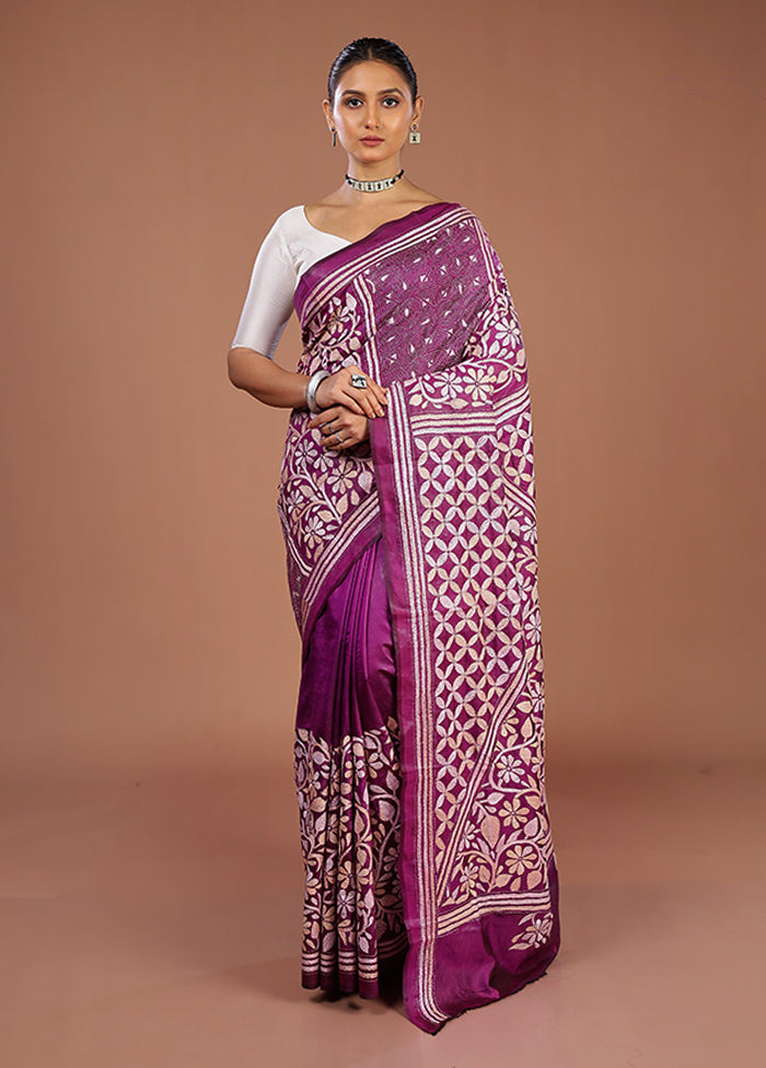 Purple Handloom Kantha Stitch Pure Silk Saree With Blouse Piece