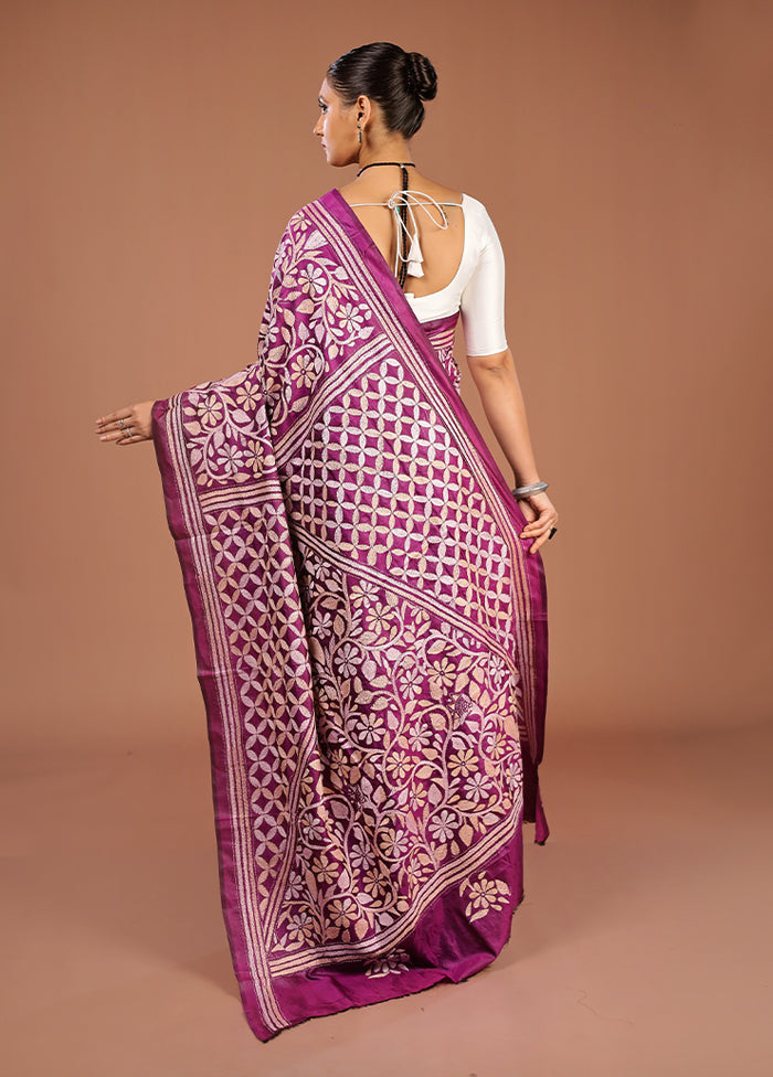 Purple Handloom Kantha Stitch Pure Silk Saree With Blouse Piece