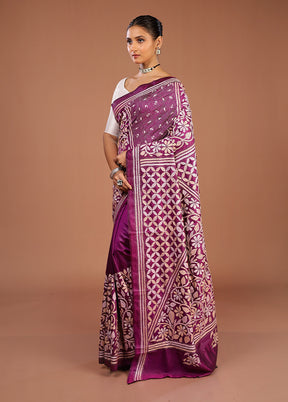 Purple Handloom Kantha Stitch Pure Silk Saree With Blouse Piece