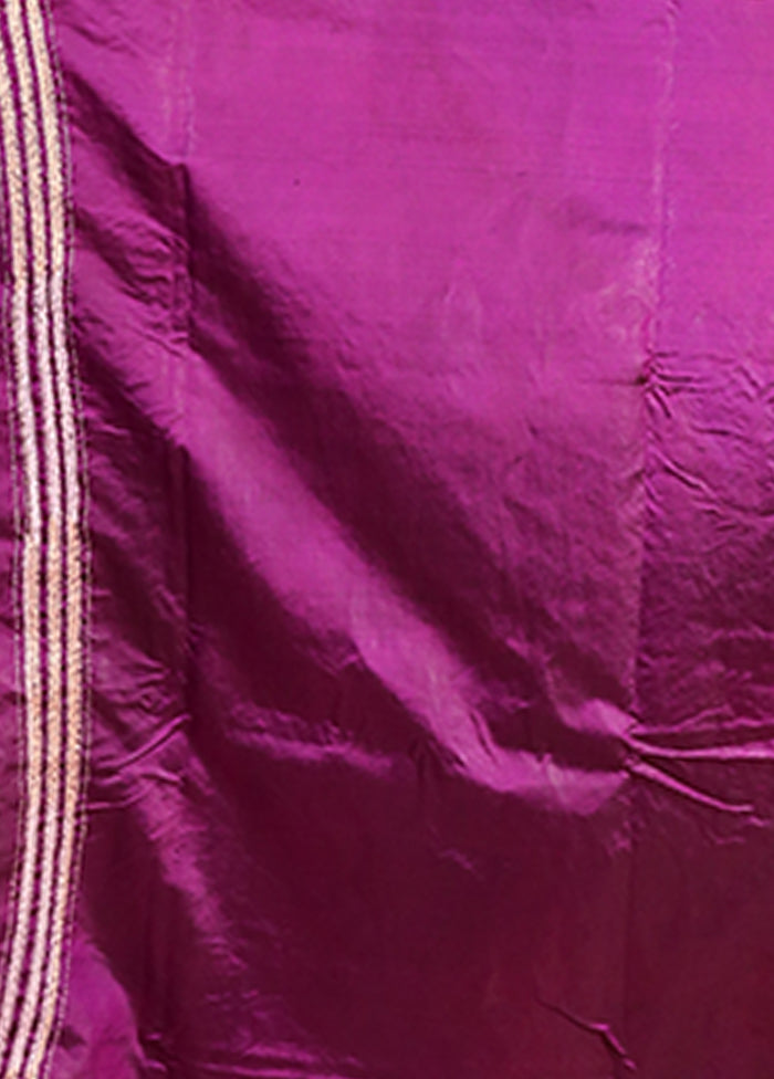 Purple Handloom Kantha Stitch Pure Silk Saree With Blouse Piece