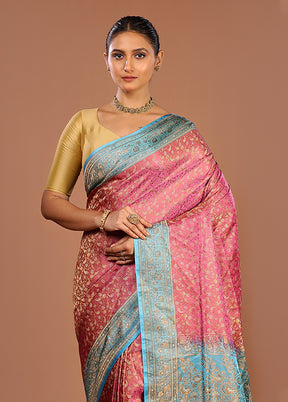 Pink Handloom Jamewar Pure Silk Saree With Blouse Piece