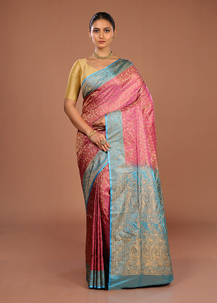 Pink Handloom Jamewar Pure Silk Saree With Blouse Piece