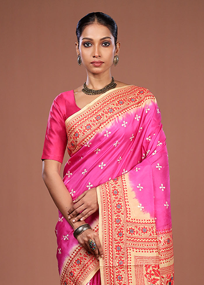 Cream Handloom Kantha Stitch Pure Silk Saree With Blouse Piece