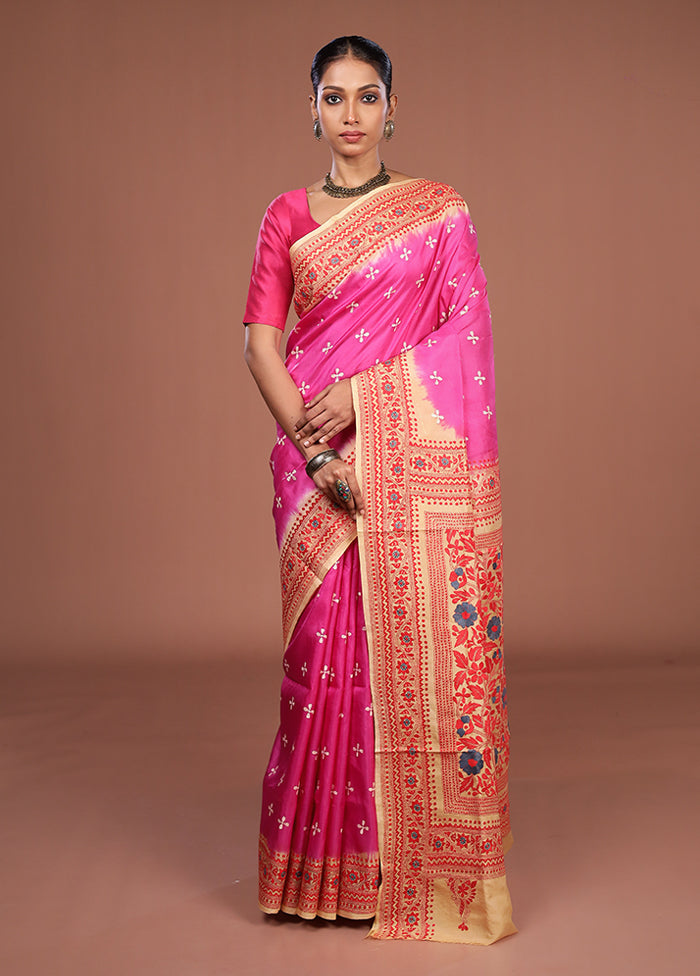 Cream Handloom Kantha Stitch Pure Silk Saree With Blouse Piece