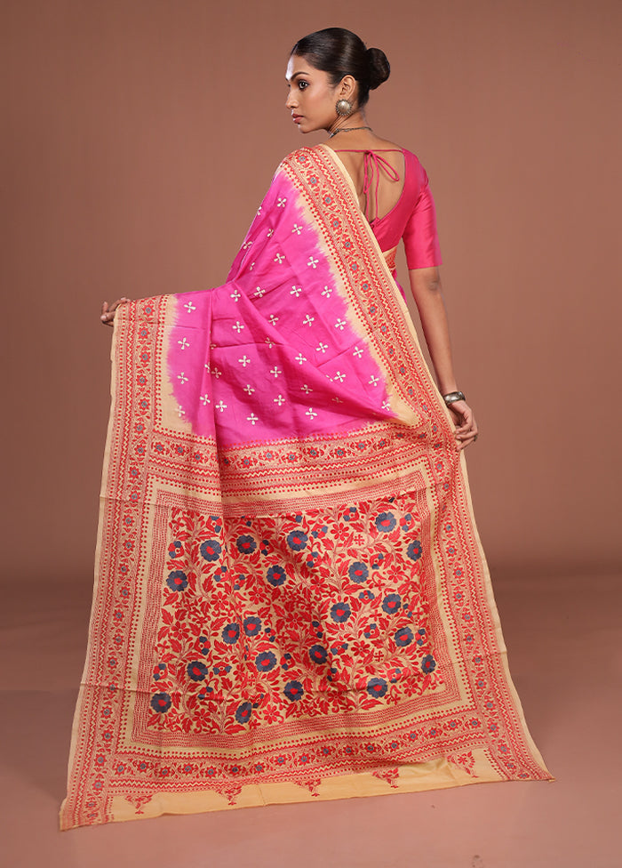 Cream Handloom Kantha Stitch Pure Silk Saree With Blouse Piece