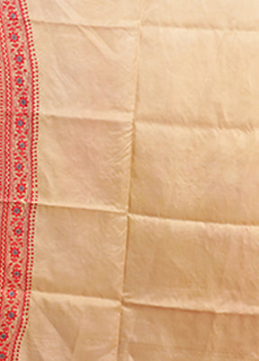 Cream Handloom Kantha Stitch Pure Silk Saree With Blouse Piece