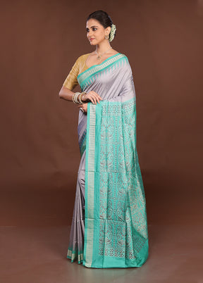 Grey Handloom Bomkai Pure Silk Saree With Blouse Piece