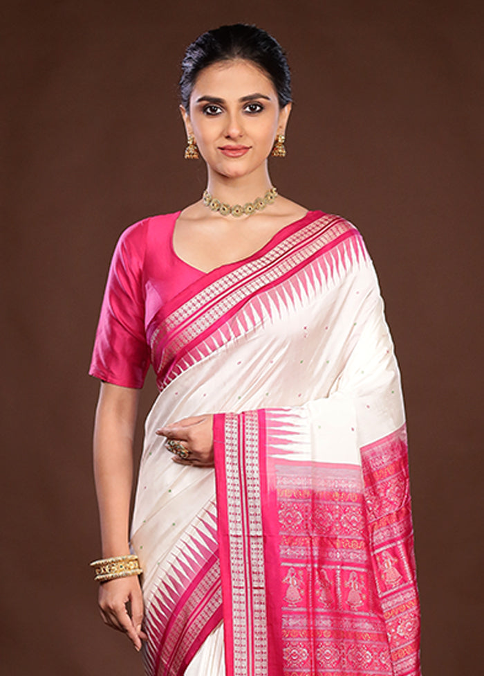 White Handloom Bomkai Pure Silk Saree With Blouse Piece
