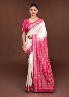 White Handloom Bomkai Pure Silk Saree With Blouse Piece