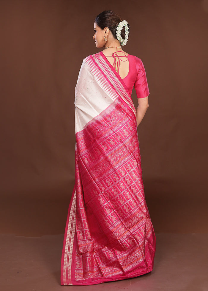 White Handloom Bomkai Pure Silk Saree With Blouse Piece