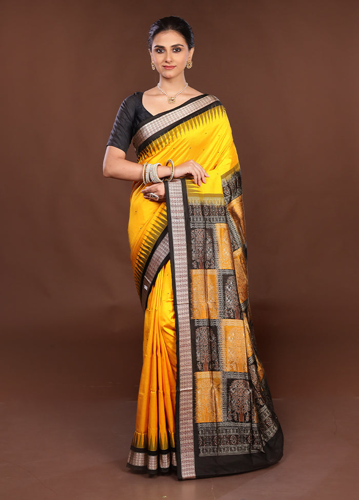 Yellow Handloom Bomkai Pure Silk Saree With Blouse Piece