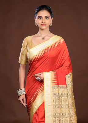 Red Handloom Bomkai Pure Silk Saree With Blouse Piece