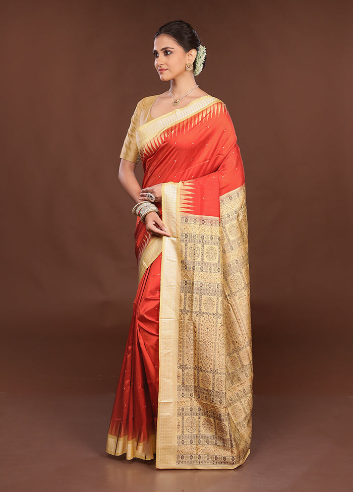 Red Handloom Bomkai Pure Silk Saree With Blouse Piece