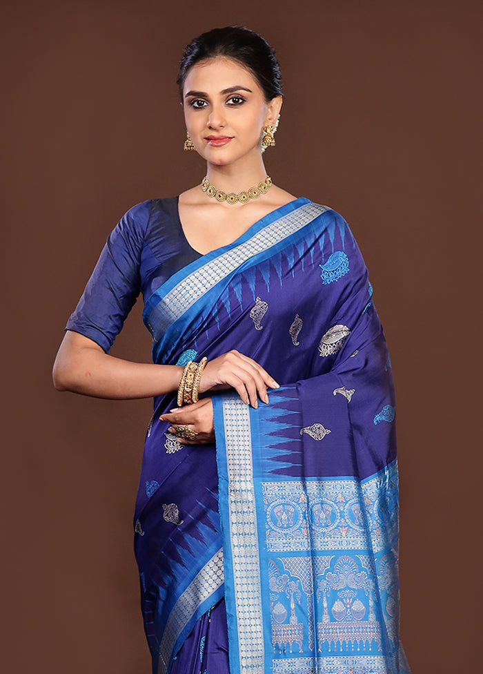 Blue Handloom Bomkai Pure Silk Saree With Blouse Piece