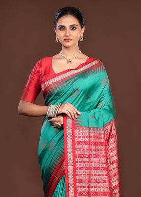 Blue Handloom Bomkai Pure Silk Saree With Blouse Piece