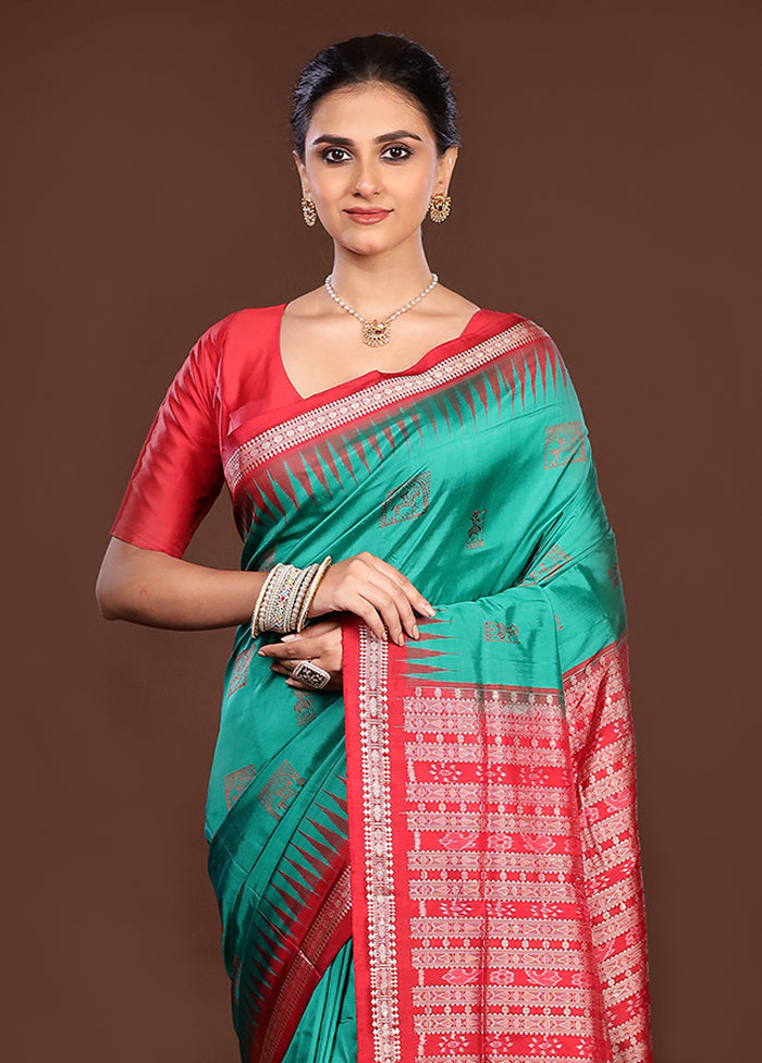 Blue Handloom Bomkai Pure Silk Saree With Blouse Piece