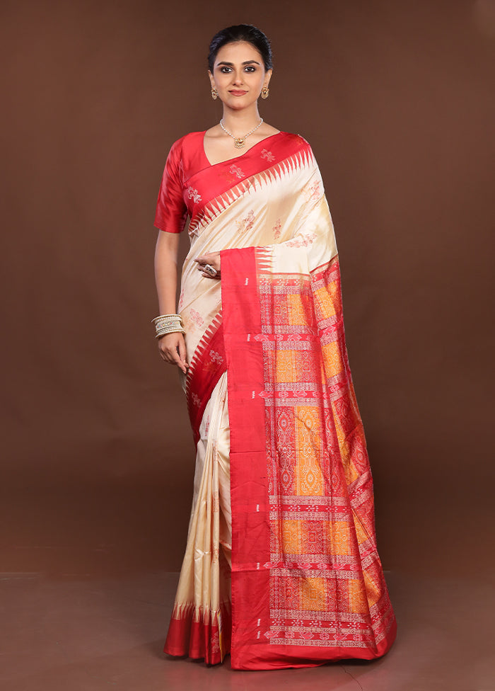 Cream Handloom Bomkai Pure Silk Saree With Blouse Piece
