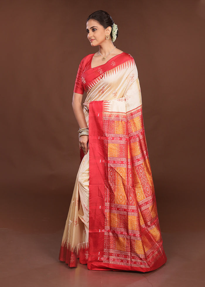 Cream Handloom Bomkai Pure Silk Saree With Blouse Piece