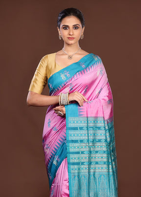 Pink Handloom Bomkai Pure Silk Saree With Blouse Piece