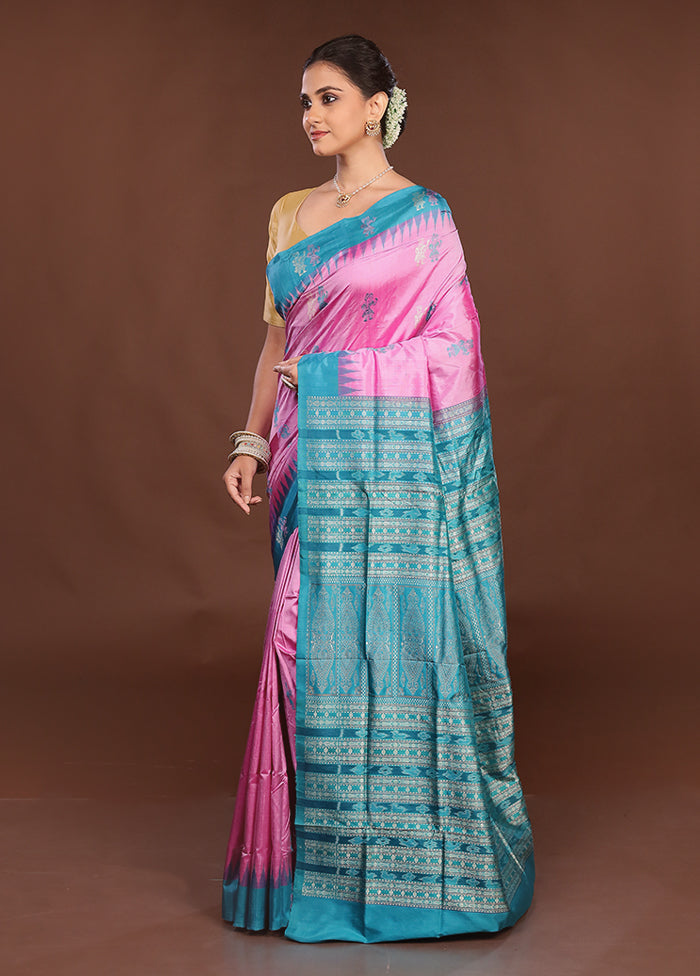 Pink Handloom Bomkai Pure Silk Saree With Blouse Piece