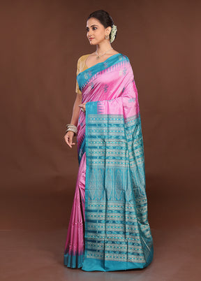 Pink Handloom Bomkai Pure Silk Saree With Blouse Piece